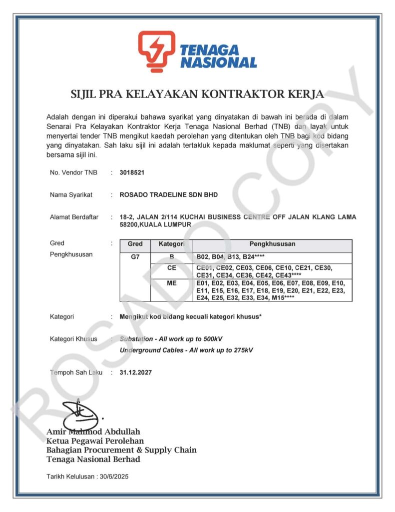 TNB Certified Pre-Qualification Contractors